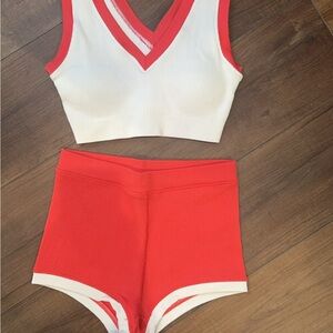 aerie Red and White Ribbed High-Waist Shorts